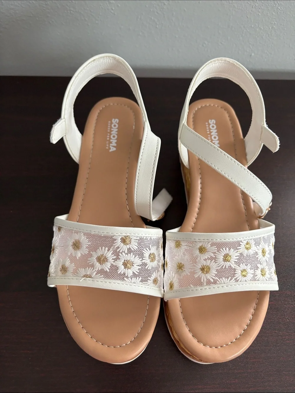 Girls White Daisy Espadrille Wedge Sandals with Ankle Strap